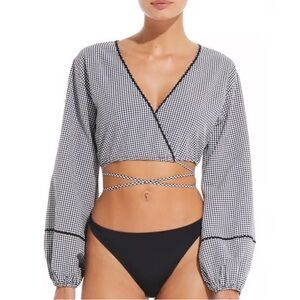 Solid & Striped Long Sleeve Black & White Gingham Print Murphy Wrap Crop Top, M
